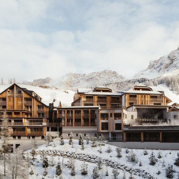 Aman Rosa Alpina hotel exterior in winter, Dolomites, Italy